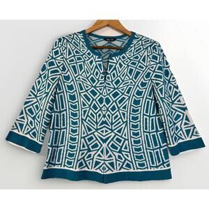 Misook Cardigan Sweater Womens Petite Medium‎ PM Geometric Teal Zip Up Knit